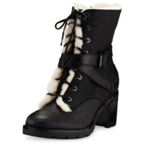 UGG "Ingrid" Black Leather Shearling Lug Soled Lace-Up Moto Combat Biker Boots-7 - Picture 1 of 14